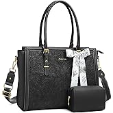 MOSISO Laptop Bag for Women, PU Leather Tote Bag, Front Embossed Retro Hibiscus Computer Bags with Silk Scarf&Clutch Purse