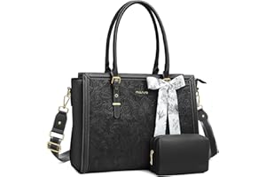 MOSISO Laptop Bag for Women, PU Leather Tote Bag, Front Embossed Retro Hibiscus Computer Bags with Silk Scarf&Clutch Purse