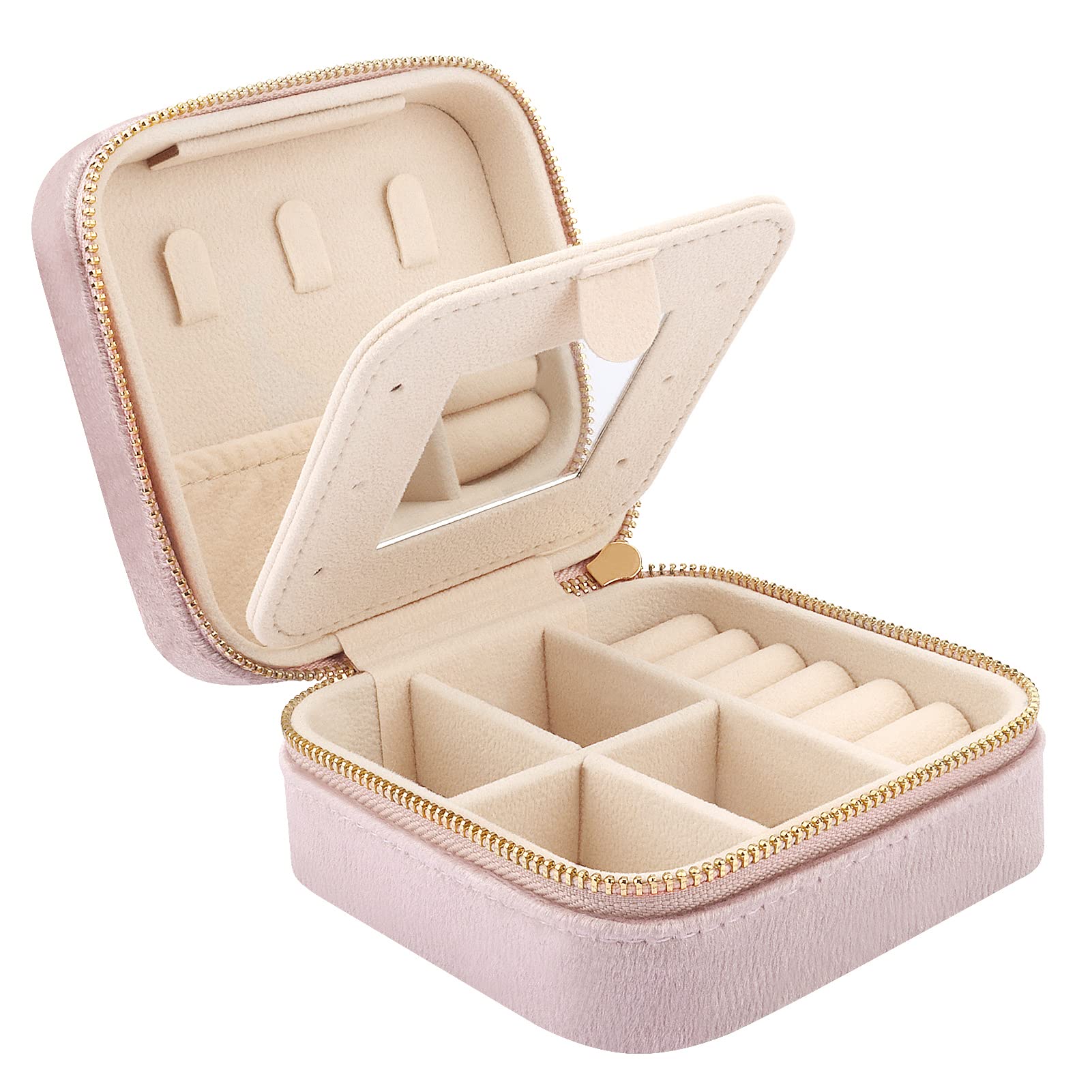 Mini Velvet Travel Jewelry Case with Mirror, Travel Jewellery Box Organiser, Small Jewelry Organiser Storage for Rings Earrings Necklace Bracelets, Pink — image 1