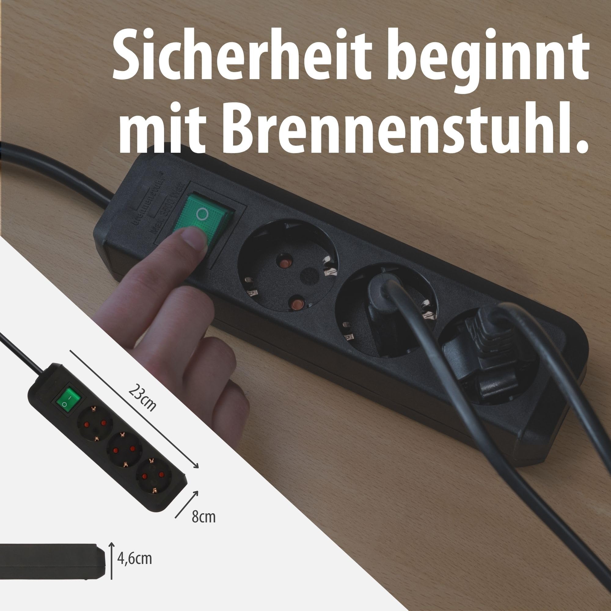 Brennenstuhl Eco-Line, Steckdosenleiste 3-Fach (Mehrfachsteckdose mit erhöhtem Berührungsschutz, Schalter und 1,5m Kabel) schwarz 6