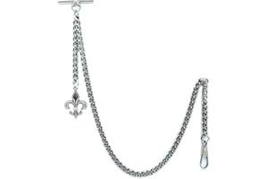WATCHVSHOP Albert Chain Silver Color Pocket Watch Chains for Men with Fleur-de-lis Emblem Fob T Bar AC49
