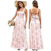HTZMO Womens Summer Wedding Guest Floral Maxi Sundress Square Neck Back Bow Tie Flowy Boho Beach Vacation Long Dresses