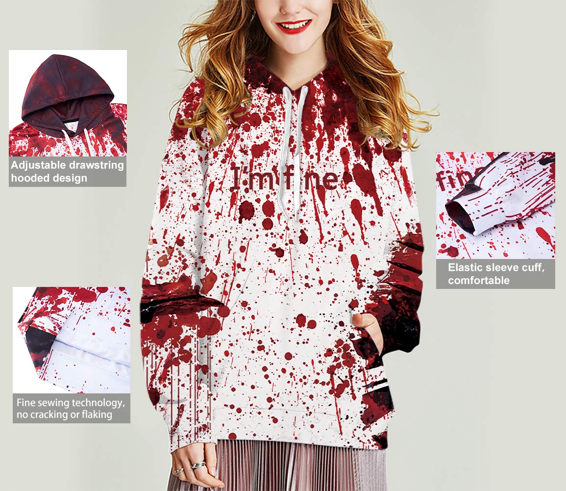 Men\'s Novelty Hoodies Spring Blood Drop I\'m Fine O-Neck Realistic Loose Fit Big Pocket Creative Teenage Guys Street Style Eye-Catching Sweatshirt for All Hallows\' Day Activity (Halloween C,XXL/XXX)