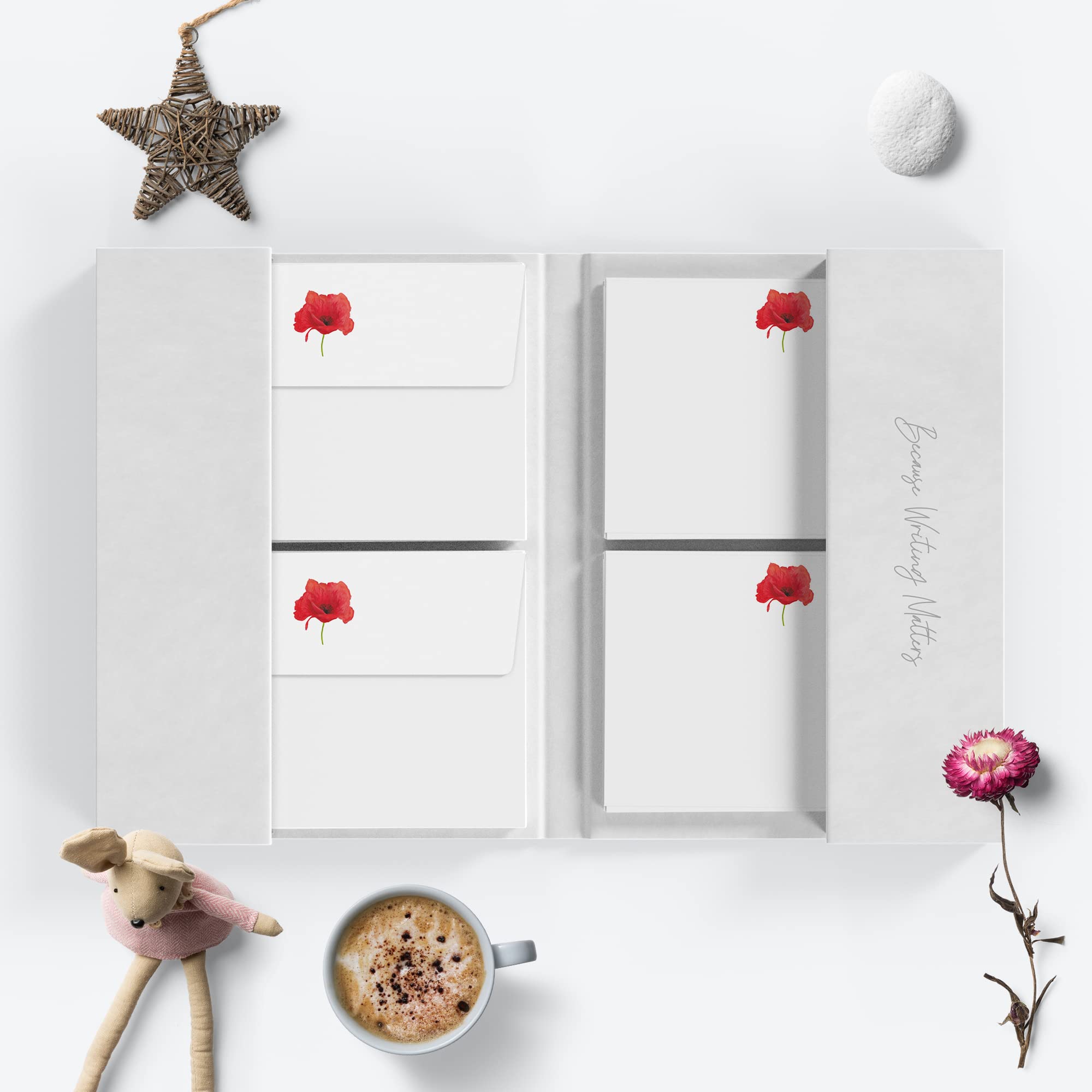 Me Loovely Red Poppy Flat Notecard and Envelopes Set A6 Size Blank Greeting Card Floral Thank You Note Card Set Multipack of 20 with Folder | Christmas Gifts