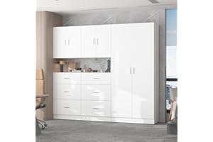 ROMSHINE Large Garage Storage System with 6 Drawers, 3-Piece Workshop Cabinet Set with Wall Mounted Storage, Utility Bookshelf Pantry Cabinet for Home Office Shopping Malls Retail Console, White