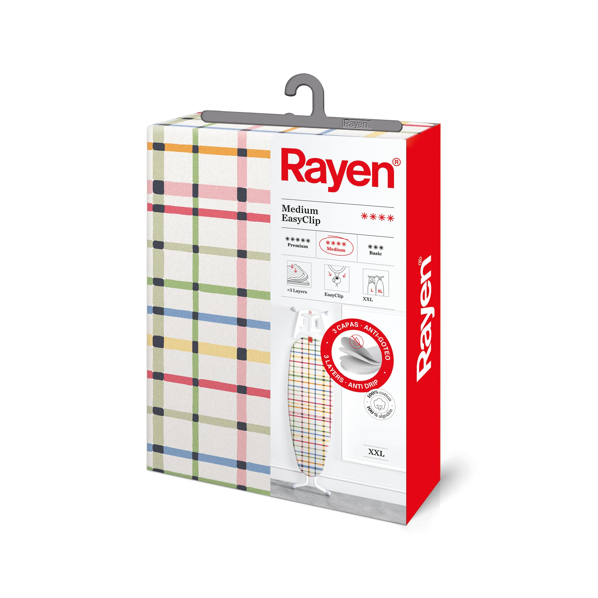 Rayen | Universal ironing board cover | Medium range | Padded ironing cover, easy to fit | EasyClip system | 3 layers: Foam, fleece and 100% cotton fabric | Medium range | Measurements: 150x55 cm XXL