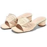 Coutgo Womens Raffia Chunky Low Heels Sandals Square Open Toe Mules Ruffle Slip On Summer Dress Shoes