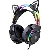 Gaming Headset with Microphone, Cat Ears Headphones for PC/PS4/PS5/Switch, RGB Backlight & Virtual Surround Sound, Lightweigh