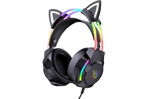 ONITOON Gaming Headset with Microphone, Cat Ear Headphones for PC Laptop PS4 PS5 Xbox Switch, Rainbow RGB Lighting & Virtual Surround Sound, 3.5mm Wired Over Ear Headphones, Ergonomic