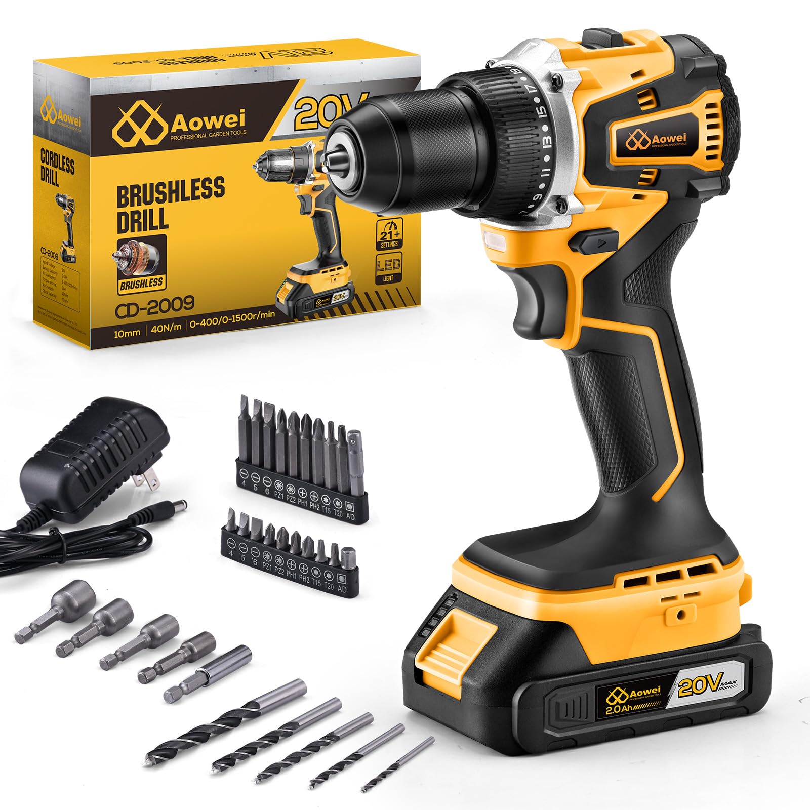 Aowei 20V Brushless Cordless Lithium-Ion Drill Set, Compact Design, Yellow Rechargeable Lithium-Ion Drill Kit, including 2.0Ah Battery, Charger and 3/8-inch Keyless Chuck
