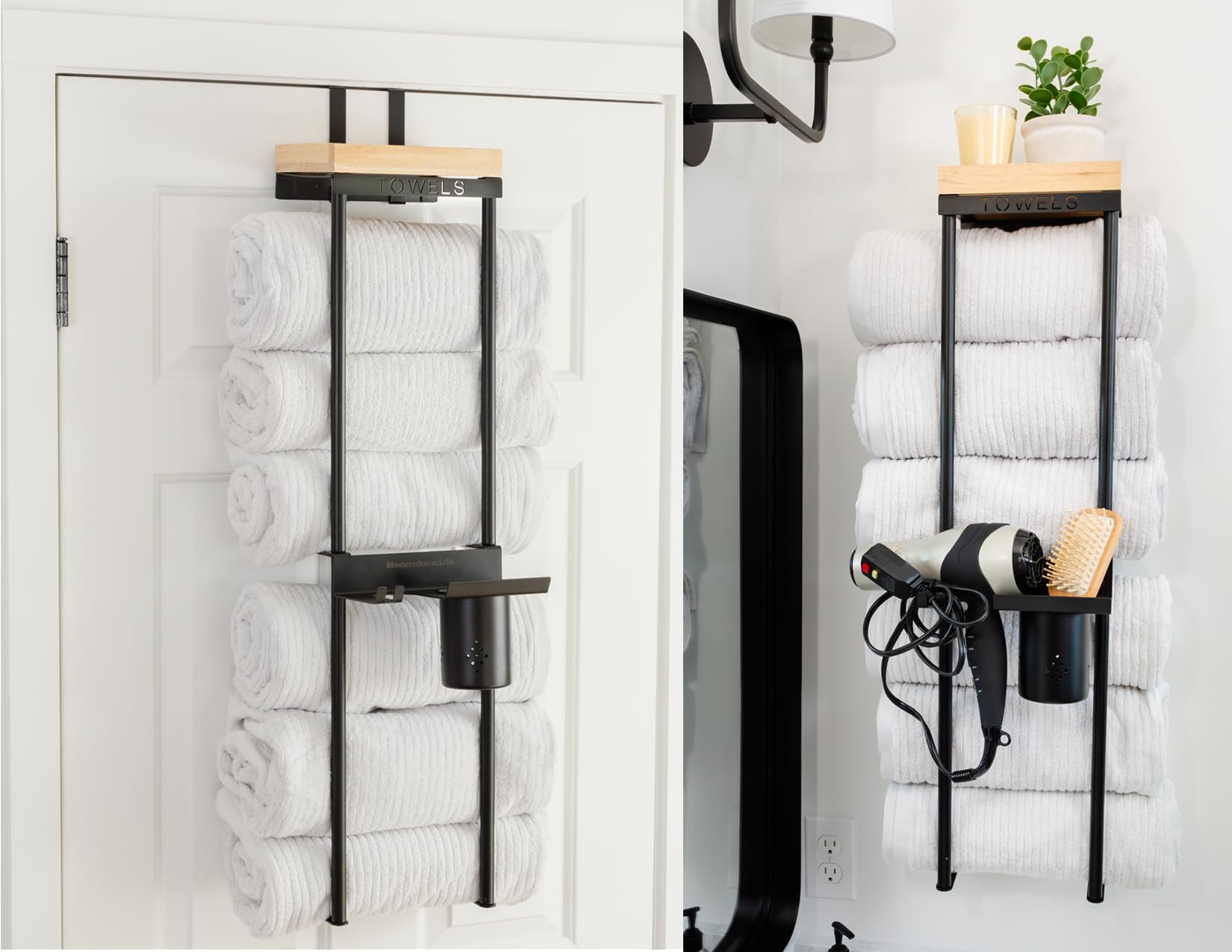 Photo 1 of **INCOMPLETE** Over The Door/Wall Mounted Towel Rack - Modern Door & Wall Towel Holder for Rolled Towels with Hair Slot Dryer & Multipurpose Cup Holder - Hanging Towel Rack for Bathroom Holds 6 Large Towels - Black