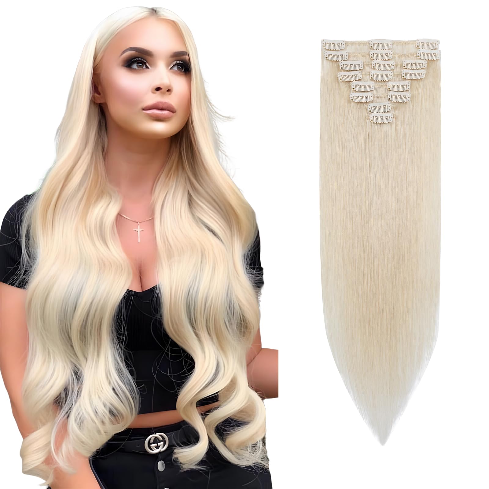 Rich Choices Hair Extensions Clip in Human Hair 16 Inch Bleach White Remy Hair Extensions, 8PCS 65g Thin Weft — image 1