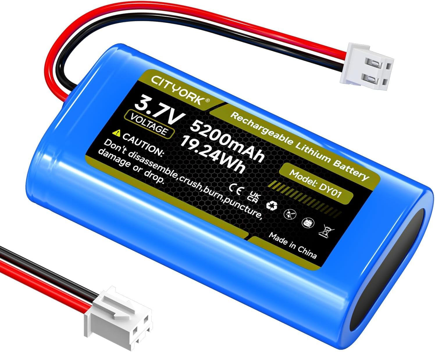 CITYORK 3.7V/5200mAh rechargeable battery with XH2.54/2P plug for Croove Voice Amplifier Speaker, Solar Wireless Camera, for RC trucks, RC boats, Solar Lights, Electric toys, DIY XH2.54/2P Batteries