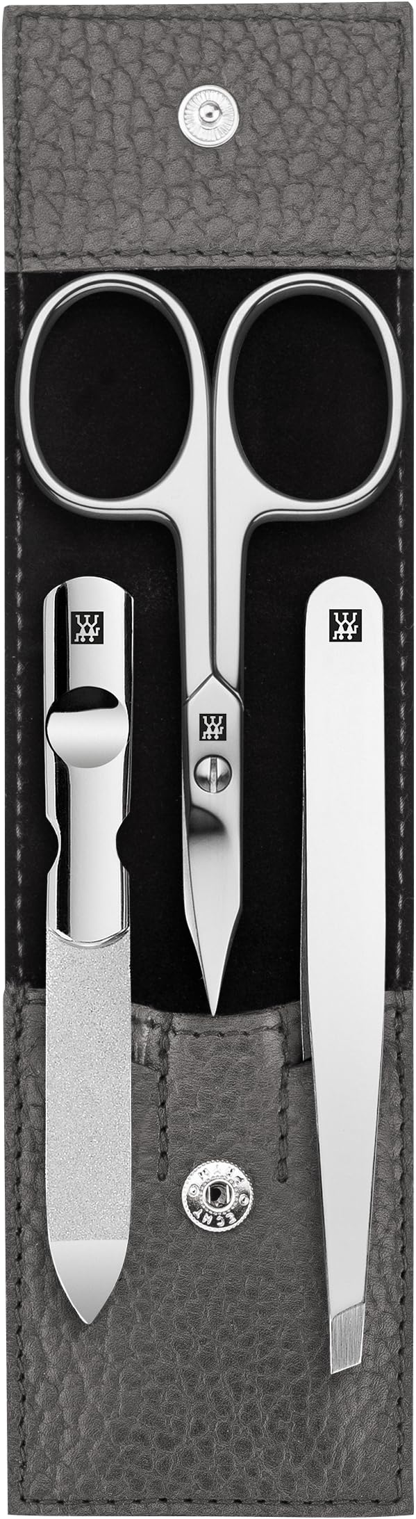 ZWILLING Manicure Set (3 piece, pedicure set for nail care and cuticle care, leather, with nail scissors), Polished Stainless Steel, Anthracite