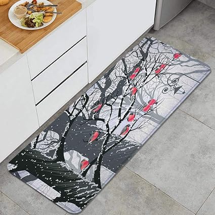 Amazon Ecomaomi キッチンマット 洗える 45 1cm 木の上のかわいいブルフィンチ冬の都市公園雪寒い天候移民の鳥のデザイン キッチンマット 滑り止め 柔らかく おしゃれ 台所 マット お手入れ簡単 Ecomaomi ホーム キッチン