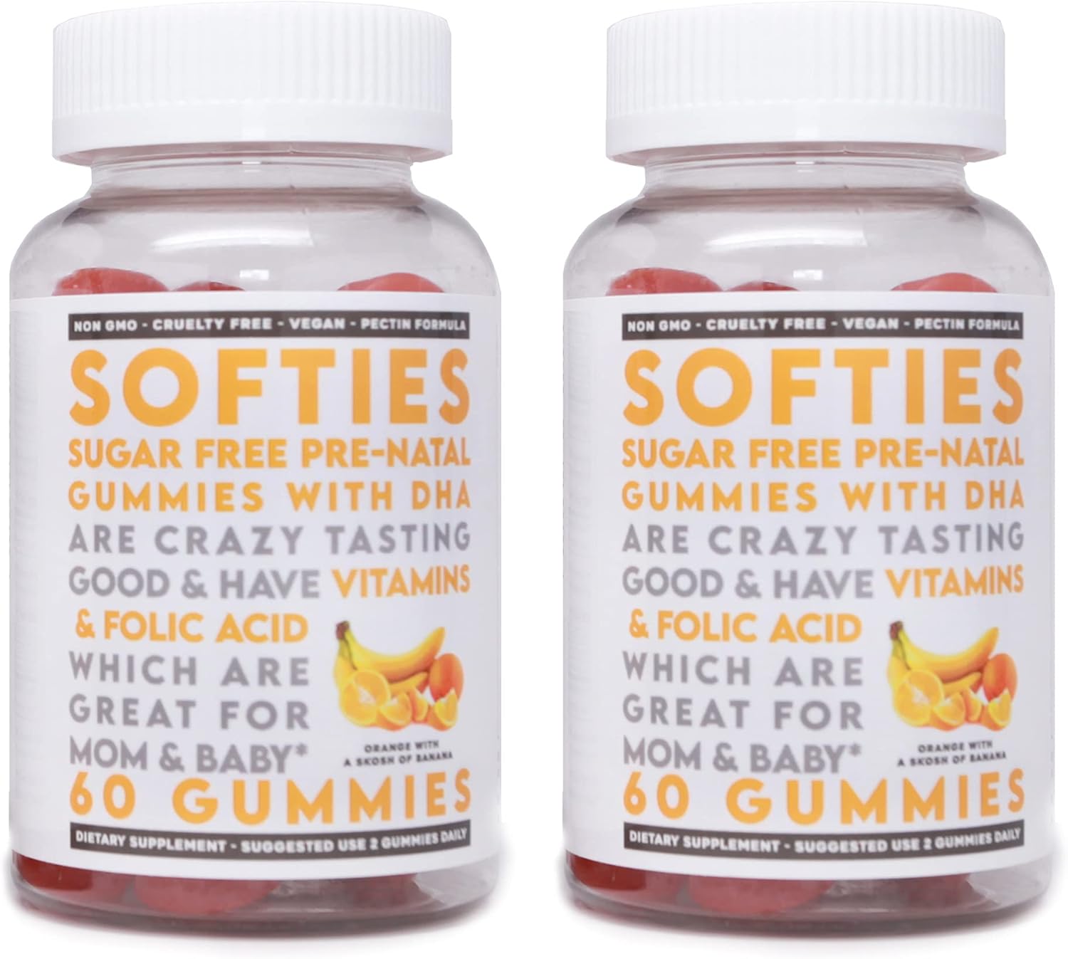 Softies Gummies Sugar Free Prenatal Vitamin with DHA - During, Before and Post Pregnancy - DHA, Zinc, Folic Acid, Niacin, Vitamin A, C, D3, E, B6, B12, 60 Gummies per Bottle, 2 Pack: Health & Personal Care