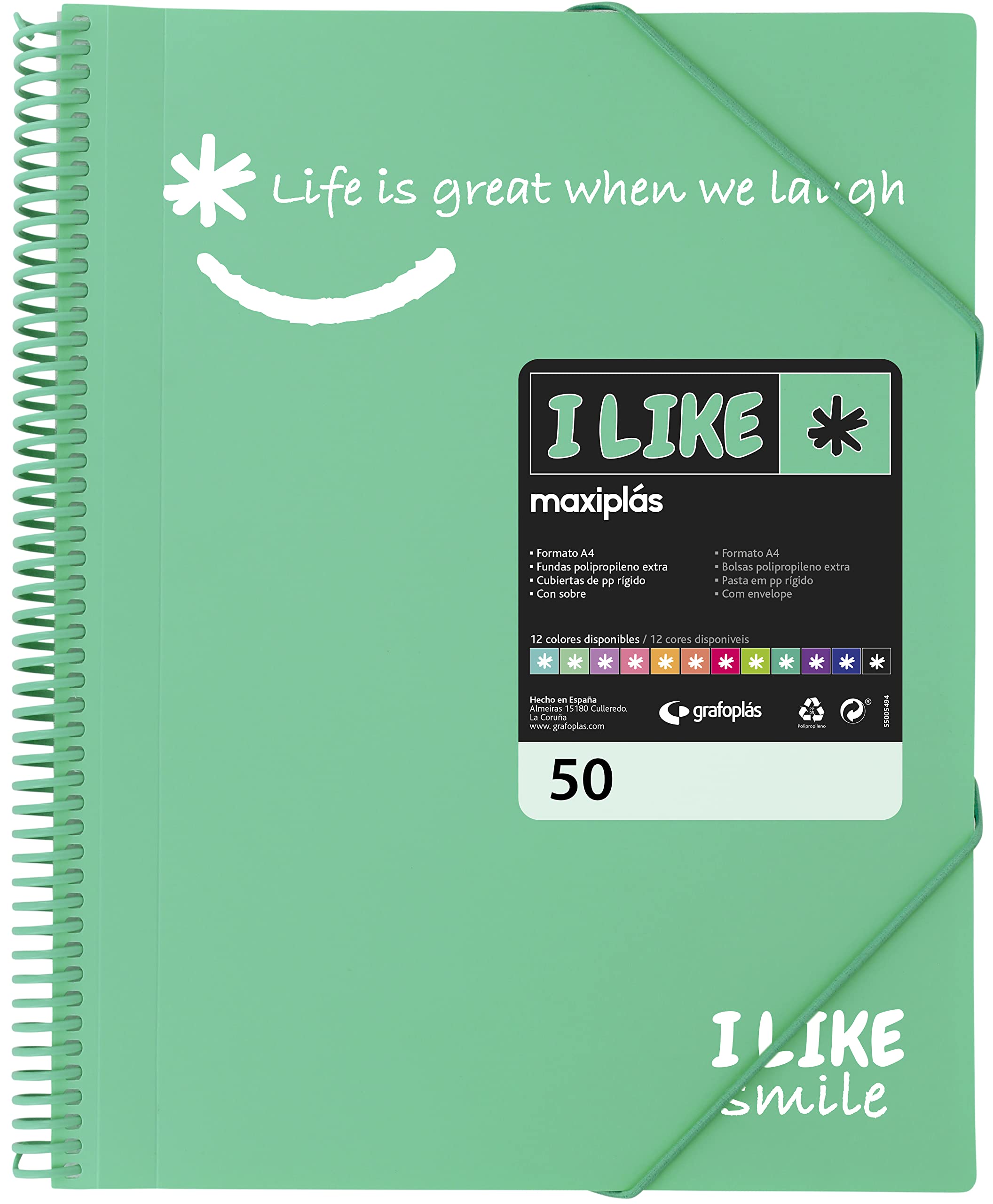 Grafoplás 39225026. Green Mint Folder, A4, 50 Transparent Sleeves, Polypropylene, I Like Smile