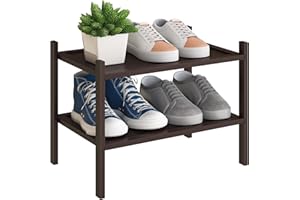 BMOSU 2-Tier Bamboo Small Shoe Rack Premium Stackable Shoe Shelf Storage Organizer for Hallway Closet Living Room Entryway Organizer(Brown)