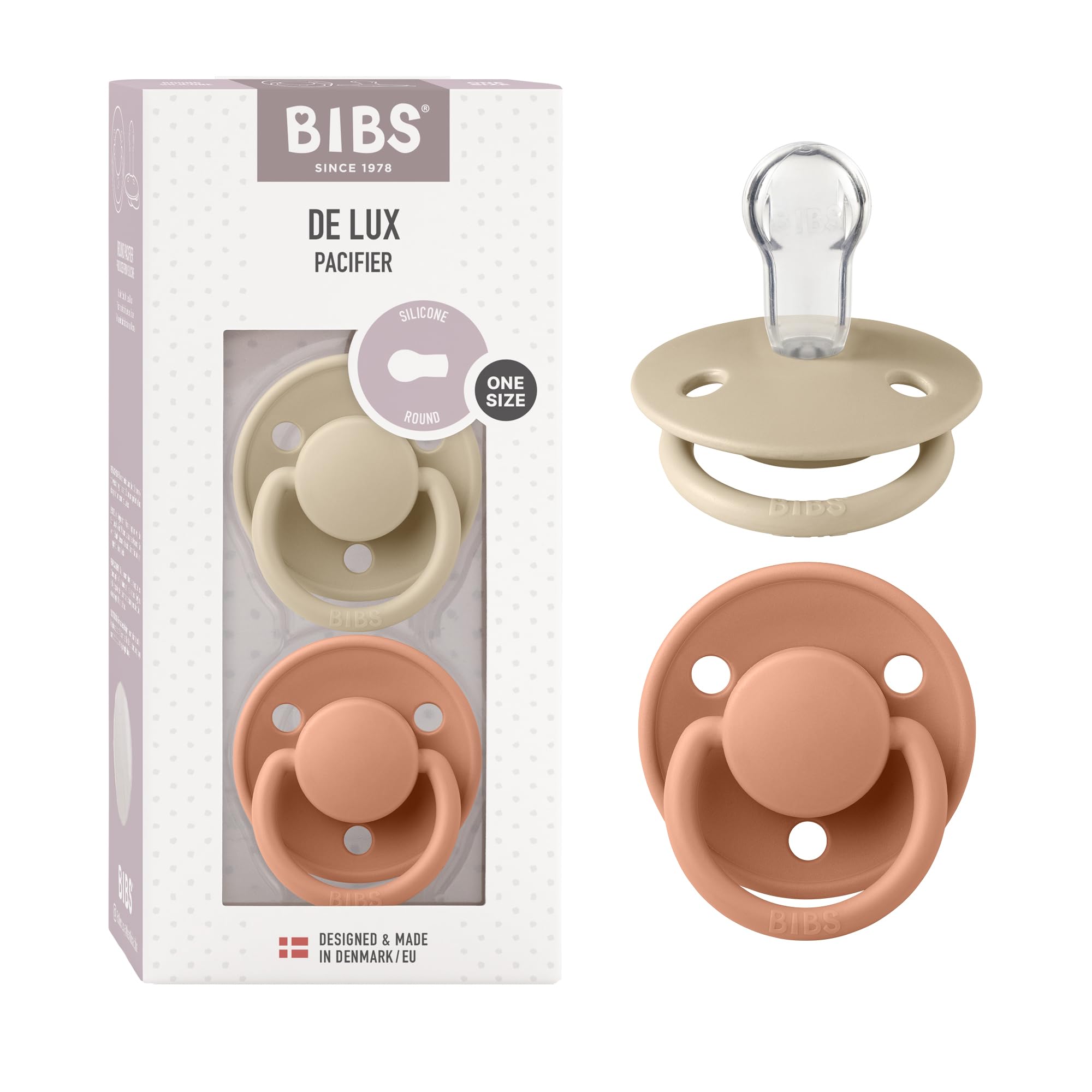 BIBS De Lux Dummies 2-Pack, BPA Free Dummy Pacifier, Round Nipple. Silicone, OneSize (0-36 Months), Vanilla/Peach