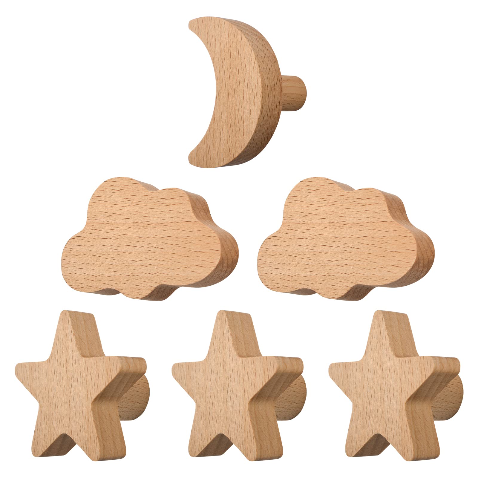 MOROBOR 6pcs Cloud Moon Star Shape Wooden Wall Hooks, Cabinet Door Handle, Nordic Style Decorative Hook Used for Bedroom, Living Room, Porch, Especially Children's Room — image 1