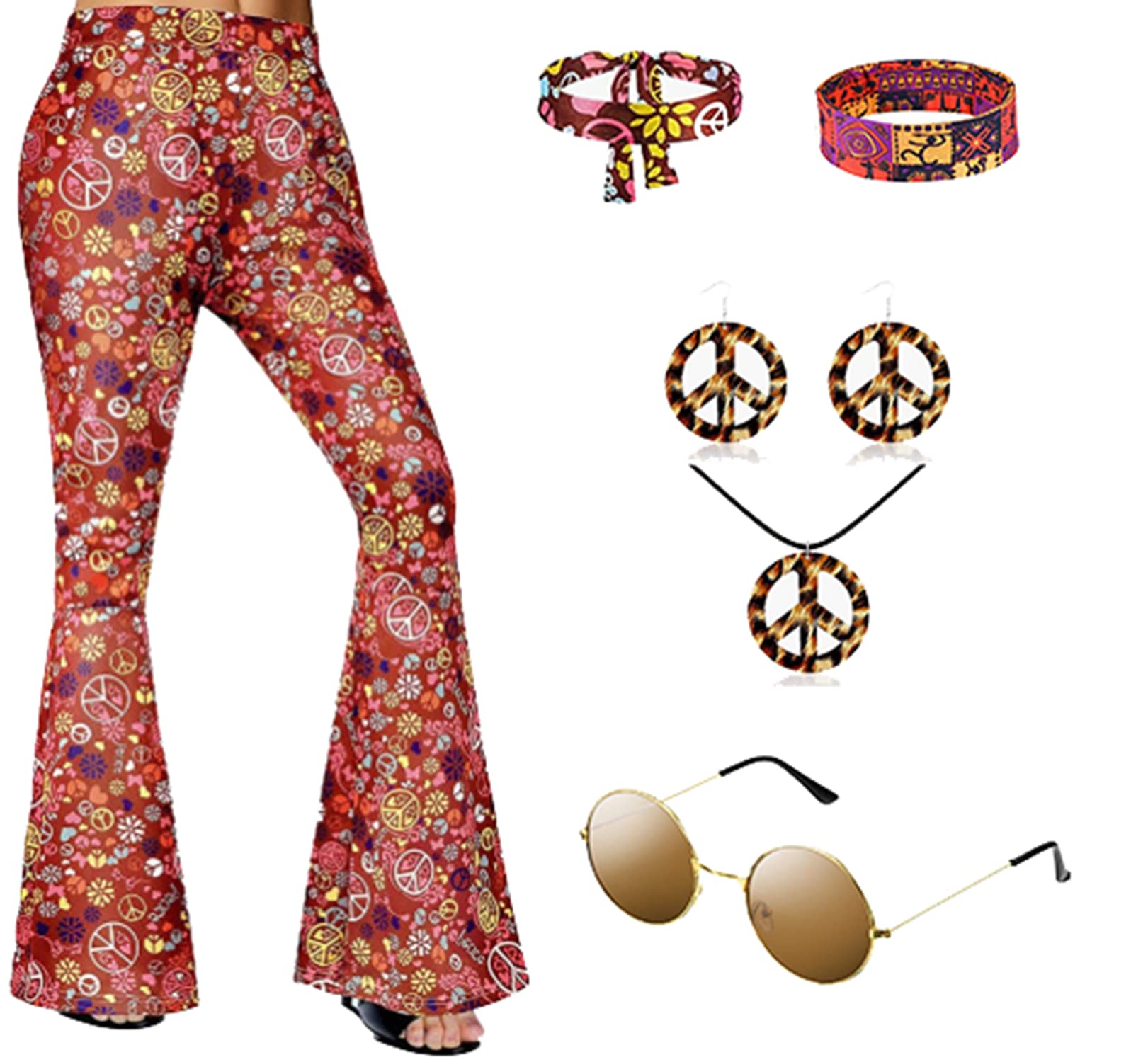 CosCool Women's 70s 80s Hippie Costume Flared Trousers, Boho Floral Print Flared Trousers, Hippie Disco Pants Set with Hippie Accessories, Brown, L
