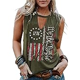 KBLDZHT American Flag Tank Tops Women USA Flag Stars Stripes Keyhole Neck Tank Tops 4th of July Sleeveless Patriotic Tee