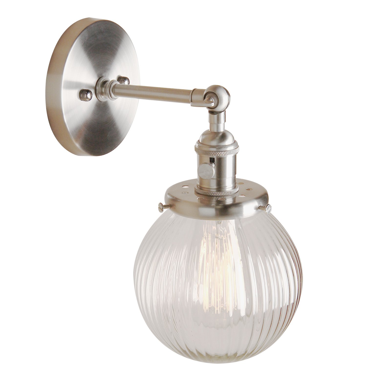 PathsOn 15cm Industrial Modern Vintage Retro Wall Lights, Loft Bar Kitchen Sconce Lights Lamp Fixture with Ribbed Globe Clear Glass Light Shade(Brushed)
