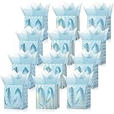 Tenare 12 Pcs Small Gift Bags Mini Metallic Paper Bag Bulk Tiny with Handle Tissue Paper for Gift Wrapping Happy Valentines Day Chinese New Year Birthday Party(4 x 2.75 x 4.5 Inch,Light Blue Gold)