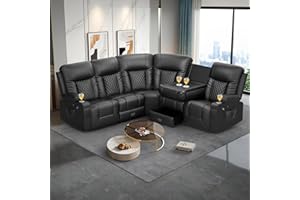 FURNIMAT Reclining Sectional Sofa Set for Home Theater Seating, 5 Seater L Shaped Sectional Reliner Couch with 2 Flip Back Console & Storage Drawer, USB Ports, Cup Holder, Cell Phone Holder, Black