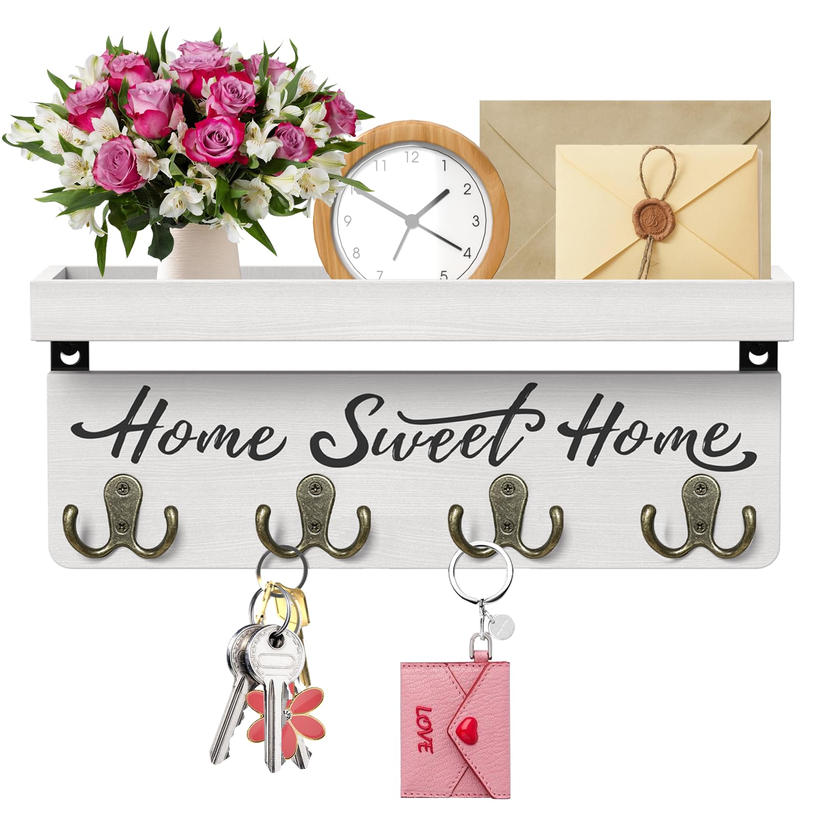 buways Key Holder Wall-Mounted Key and Mail Holder,Wooden Wall Shelf with Hooks with 4 Double Key Hooks, Rustic Key Holder for Wall Home Apartment Decor Aesthetic for Entryway (White)