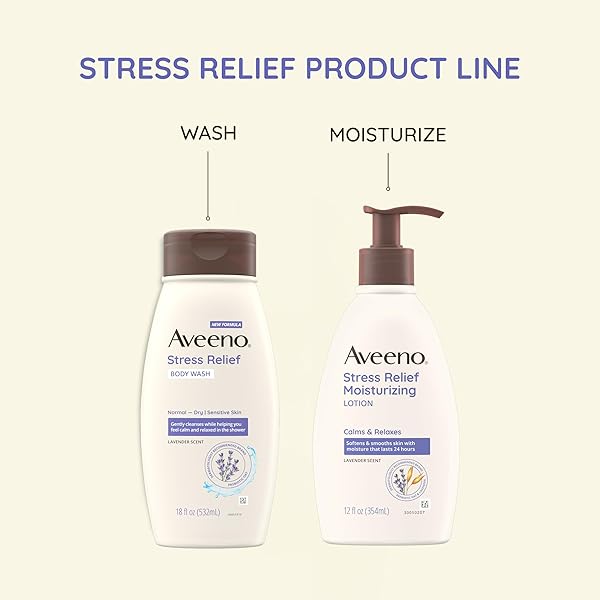 AVEENO STRESS RELIEF BODY WASH WITH NOURISHING OAT & LAVENDER SCENT FOR SENSITIVE SKIN, GENTLY CLEANSES & HELPS YOU FEEL CALM & RELAXED IN THE SHOWER, SOAP-FREE, 18 FL. OZ