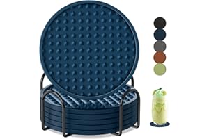 KEHOUXRE Coasters for Drinks 6 Pack Drink Coasters with Holder,Heat Resistant Silicone Cup Mat Tabletop Protection,Non-Slip Rubber Coaster for Kinds of Cups (Blue)