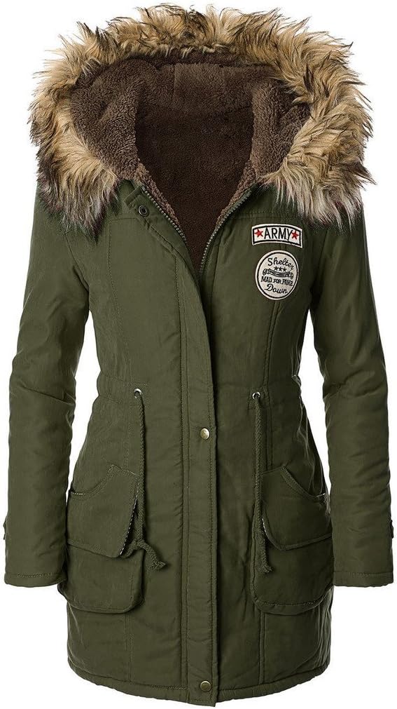 ASCHOEN Women's Faux Fur Hooded Warm Winter Parka jacket Coats Army Green L