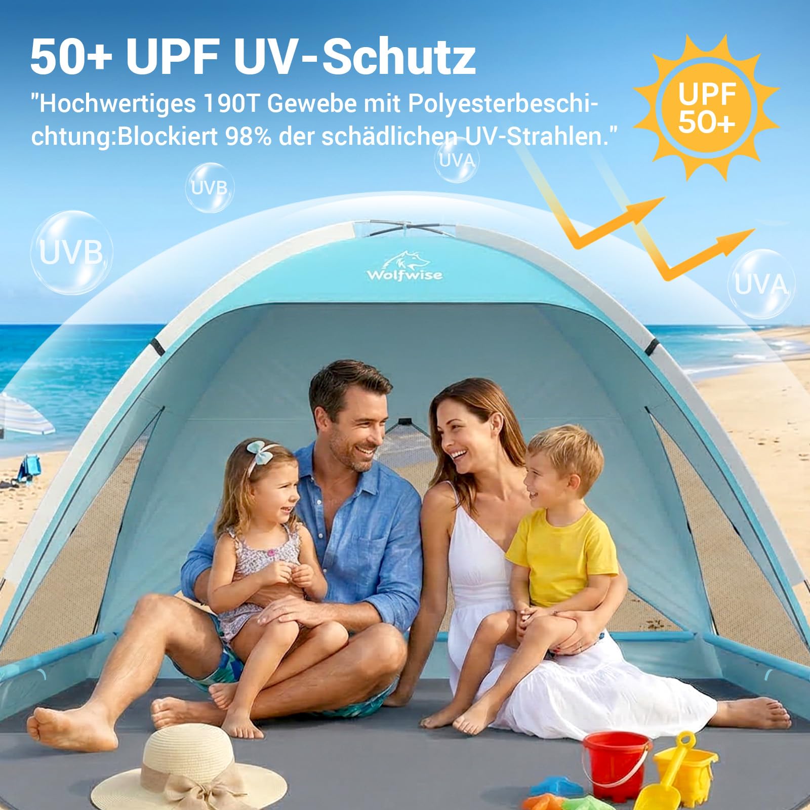 Wolfwise Strandmuschel UV Schutz, 3 Belüftungsfenster & Tragetasche, Strand Zelt mit erweiterbarem Boden für Privatsphäre, 4 Personen, 240x165x140cm(95 ''x65''x55''), Blau 3