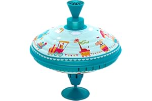 Beeqoo Humming Top Tin Spinning Top for Baby 18 Months and up, Classic Retro Toys for Toddler, Pump Spinner with Base, Parade Fun 7.9” Large Size