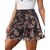 Women's Summer Floral Ruffle Skirt Shorts | Elastic High Waist Boho Skorts | Layered Tiered Chiffon Mini Skirt