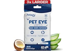 Petazy Pet Eye Wipes for Dogs & Cats | 5x6” Hypoallergenic Tear Stain Remover Wipes | 3X Larger Unscented Gentle Eye Wipes to Remove Discharge | 99% Natural Ing. Safe for Sensitive Pets | 60 Wipes