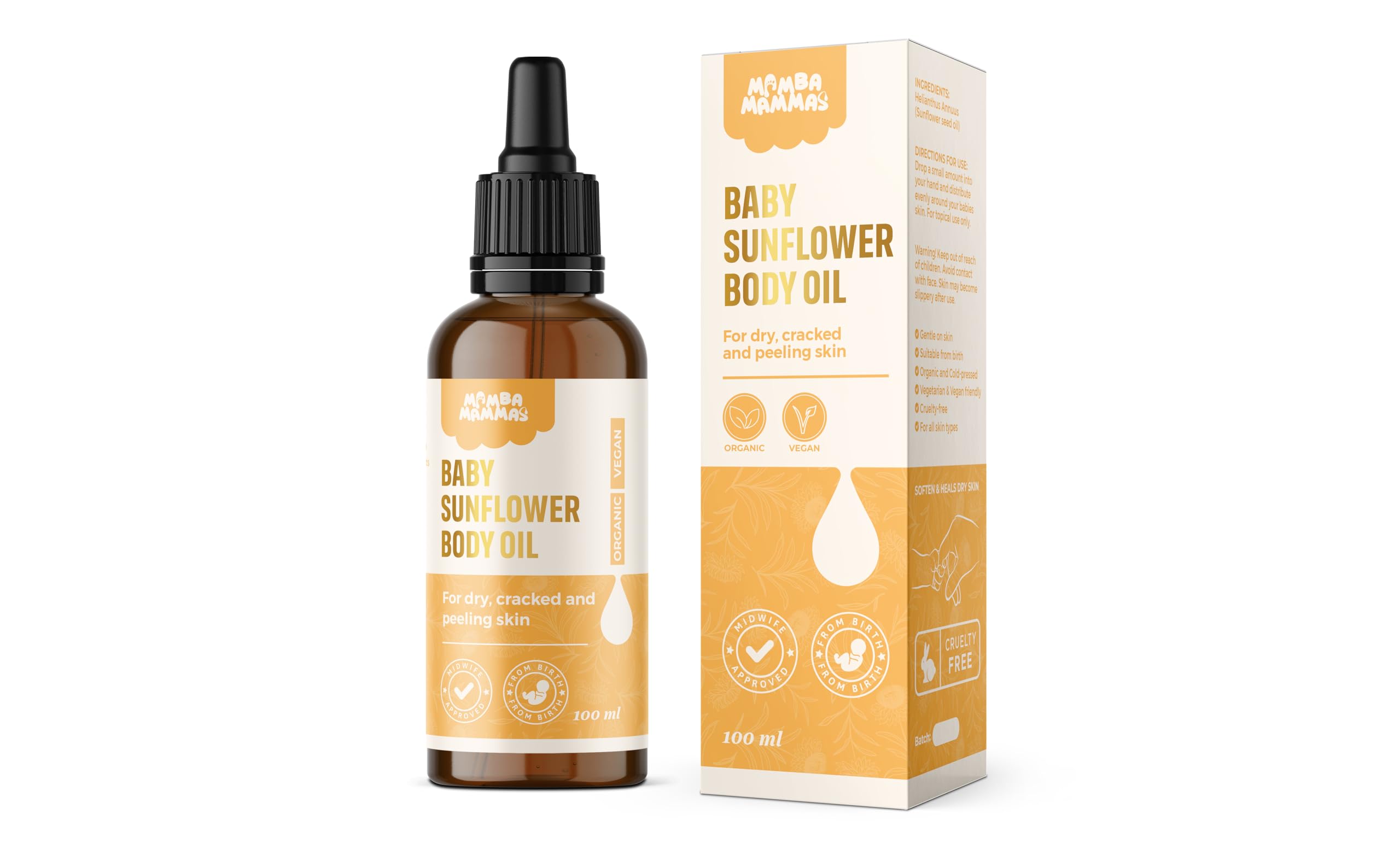 Mamba Mammas Baby Sunflower Body Oil | 100% Pure Organic & Cold-Pressed 100ml | For newborns babies | Suitable for dry, peeling or cracked skin | Soothes and hydrates newborn skin