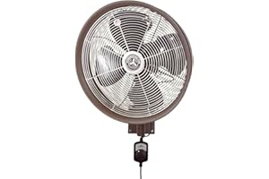 HydroMist Oscillating Wall Mounted Outdoor-Rated Fan, 3-Speed Cord Control, Hard Resin Mold-Resistant Fan Blade with Mounting Bracket and Black Vinyl Cover, Very Quiet Running, 18”, Dark Brown