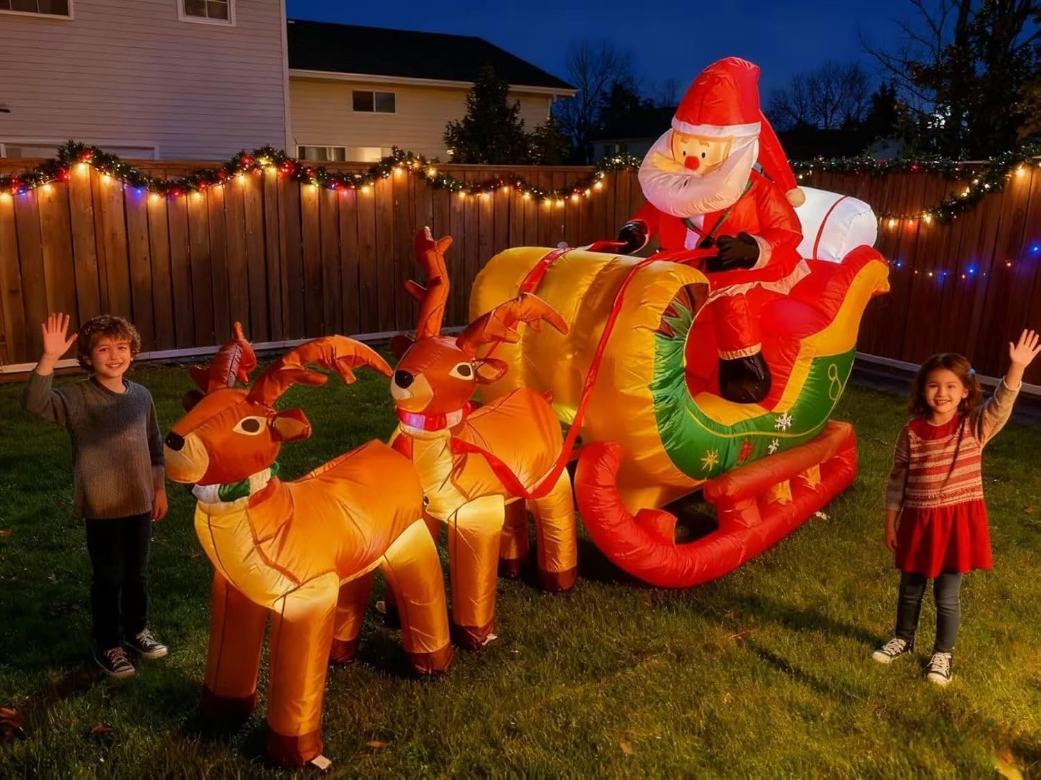Photo 1 of 8 FT Christmas Inflatables Santa Claus in Sleigh with Two Reindeer Outdoor Decorations Blow Up Yard Santa Claus with Built-in LEDs (Two Reindeer)