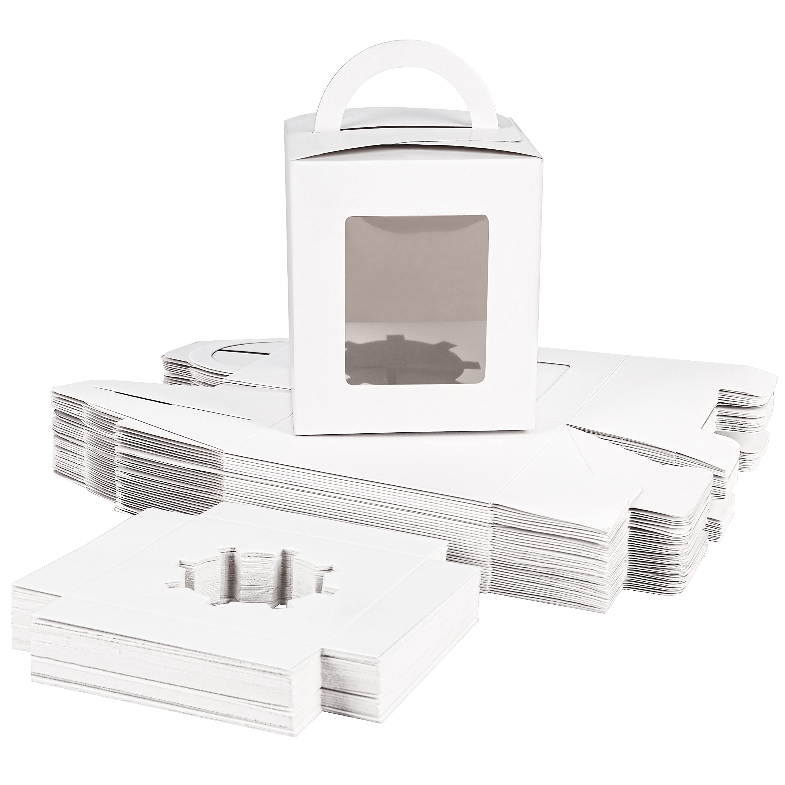 BELLE VOUS 50 Pack White Paper Kraft Single Bakery Pastry Boxes with Windows and Handle - 9.39 x 9.39 x 10.66cm/3.7 x 3.7 x 4.2 inches- Disposable Packaging Boxes - Cookies, Cupcakes, Desserts & Pies