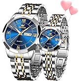 OLEVS Watches for Couple Luxury Fashion His and Hers Stainless Steel Calendar Date 3ATM Waterproof Luminous Wrist Watch for Men Women Lovers Wedding Dating Romantic Gift Set of 2