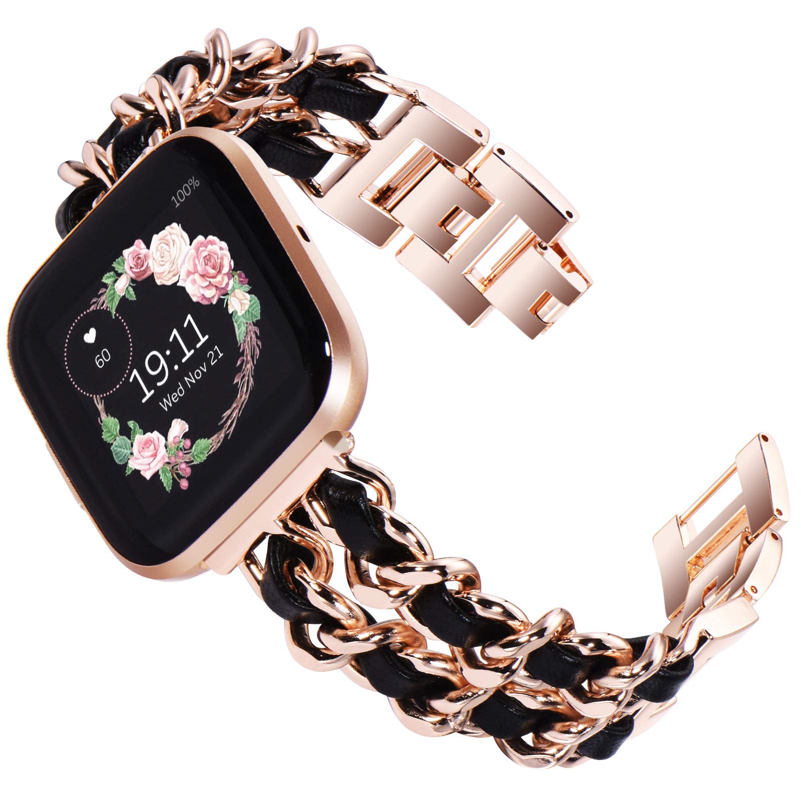 KADES Compatible with Fitbit Versa 2 strap, Women Bracelet Stainless Steel Replacement band with Quick Release Pin for FitbitVersa Lite Edition Men Women, Rose Gold/Black — image 1