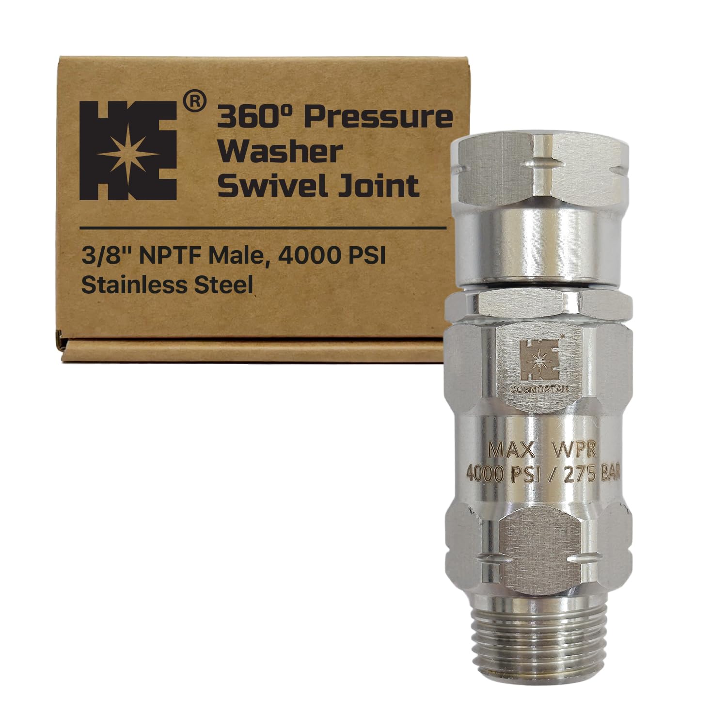Photo 1 of Cosmostar 3/8" NPT-M Stainless Steel 360° Pressure Washer Swivel Joint, Fitting for Pressure Washer Guns & Hoses - Not for M22 (0.85 Inch) Thread Pressure Washer Gun