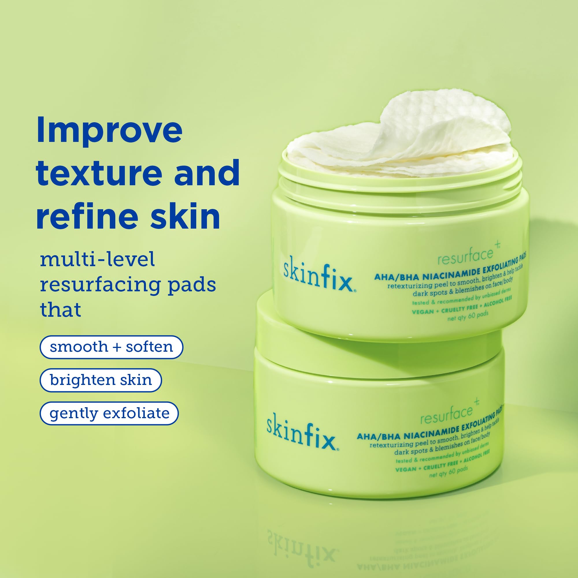 Skinfix AHA/BHA Niacinamide Exfoliating Pads - 60 Pads - Visibly Reduces Discoloration, Removes Dead Skin, Releases Ingrown Hairs & Unclogs Pores - Vegan, Cruelty Free