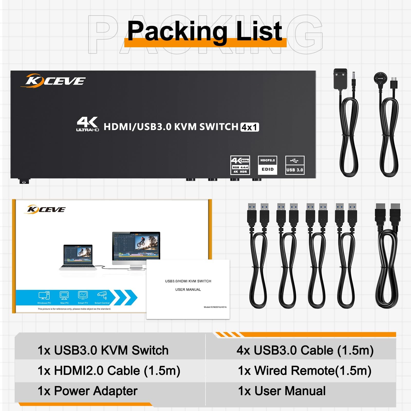 4 Port HDMI KVM Switch 4K@60Hz EDID-Simulation,KVM-Switches 4 PC 1 Monitor mit 4 USB 3.0 Ports für Tastatur Maus,Drucker,Verkabelte Fernbedienung, 12V Netzadapter und 4 USB3.0 Kabel Enthalten 9