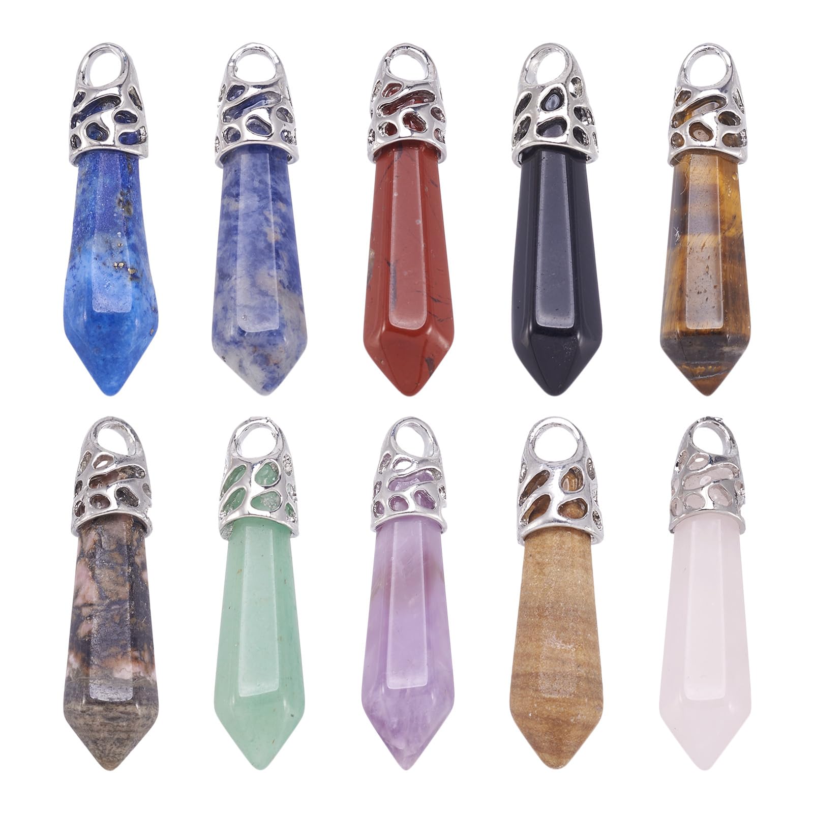 PandaHall 20pcs Bullet Shape Stone Pendants Healing Pointed Chakra Beads Crystal Quartz Stone Charms Pendants with Platinum Tone Brass Findings, Random Mixed Color