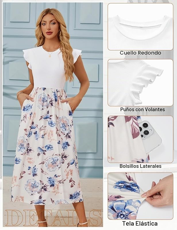 Vestido Largo Verano Mujer Vestido Casual Cuello Redondo Cintura Alta Cintura Elástica Manga Volante Vestidos Boho Playa Fluido Línea A (Azul Claro Floral, M)
