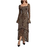 Milumia Women's Leopard Square Neck Long Sleeve Mesh Dress Layered Ruffle Hem Maxi Dresses
