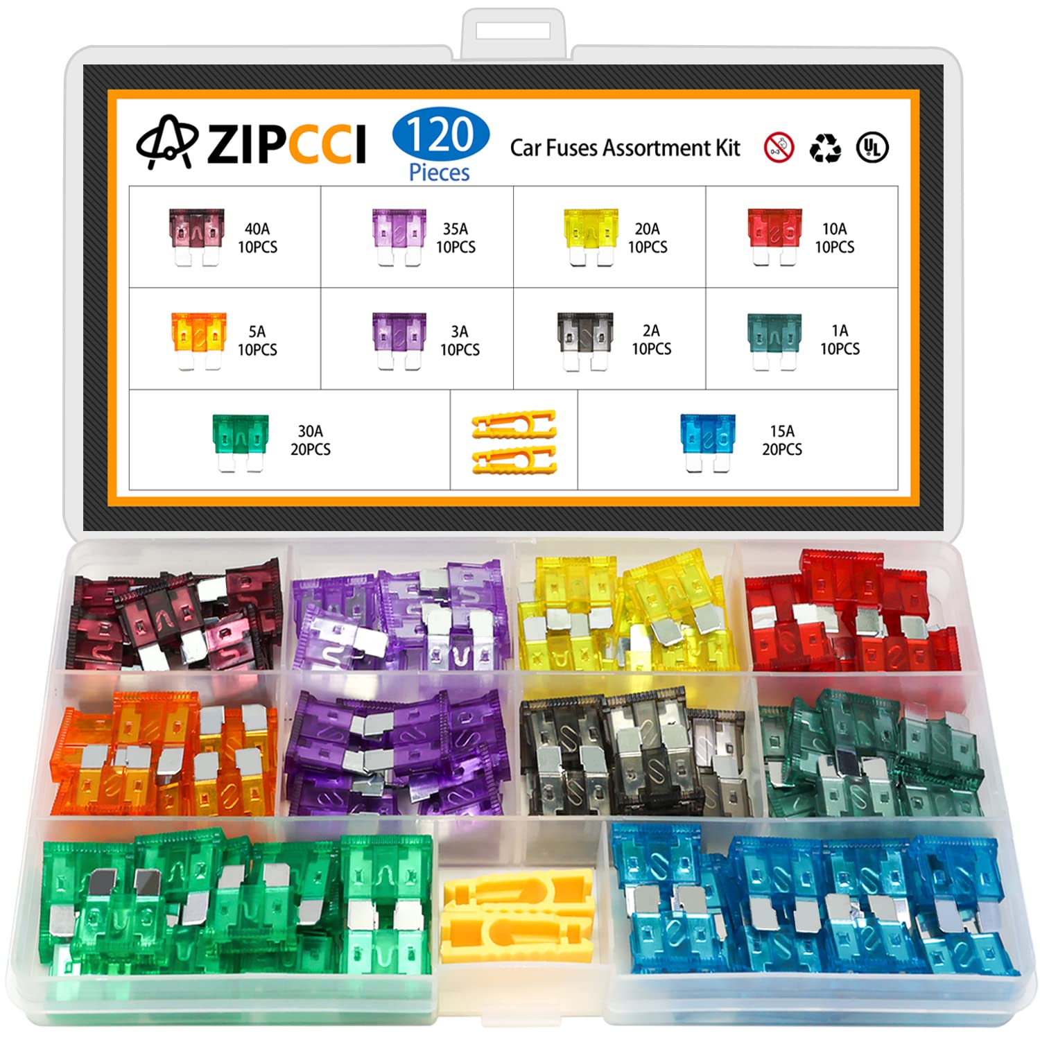ZIPCCI 120 Pcs Standard Car Fuse, Fuses Assortment kit(1A/2A/3A/5A/10A/15A/20A/25A/30A/35A/40AMP) Automotive Blade Fuse for RV, Truck, Marine, Auto Accessories